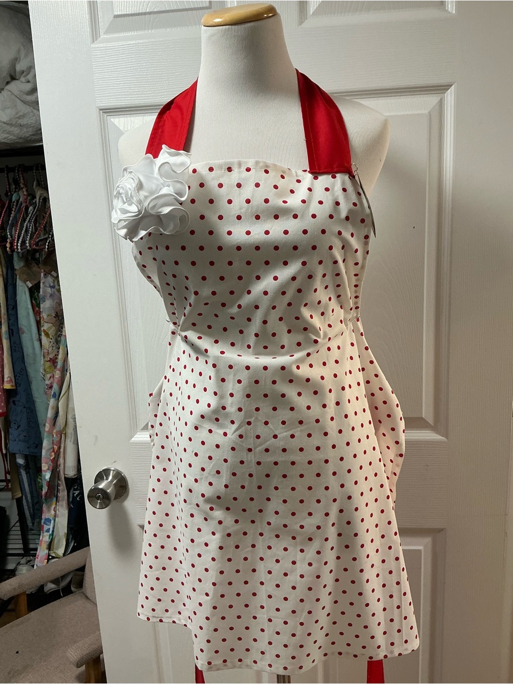 2002 - Polka Dot Red & White Halter Kitchen Apron with Floral Accent
